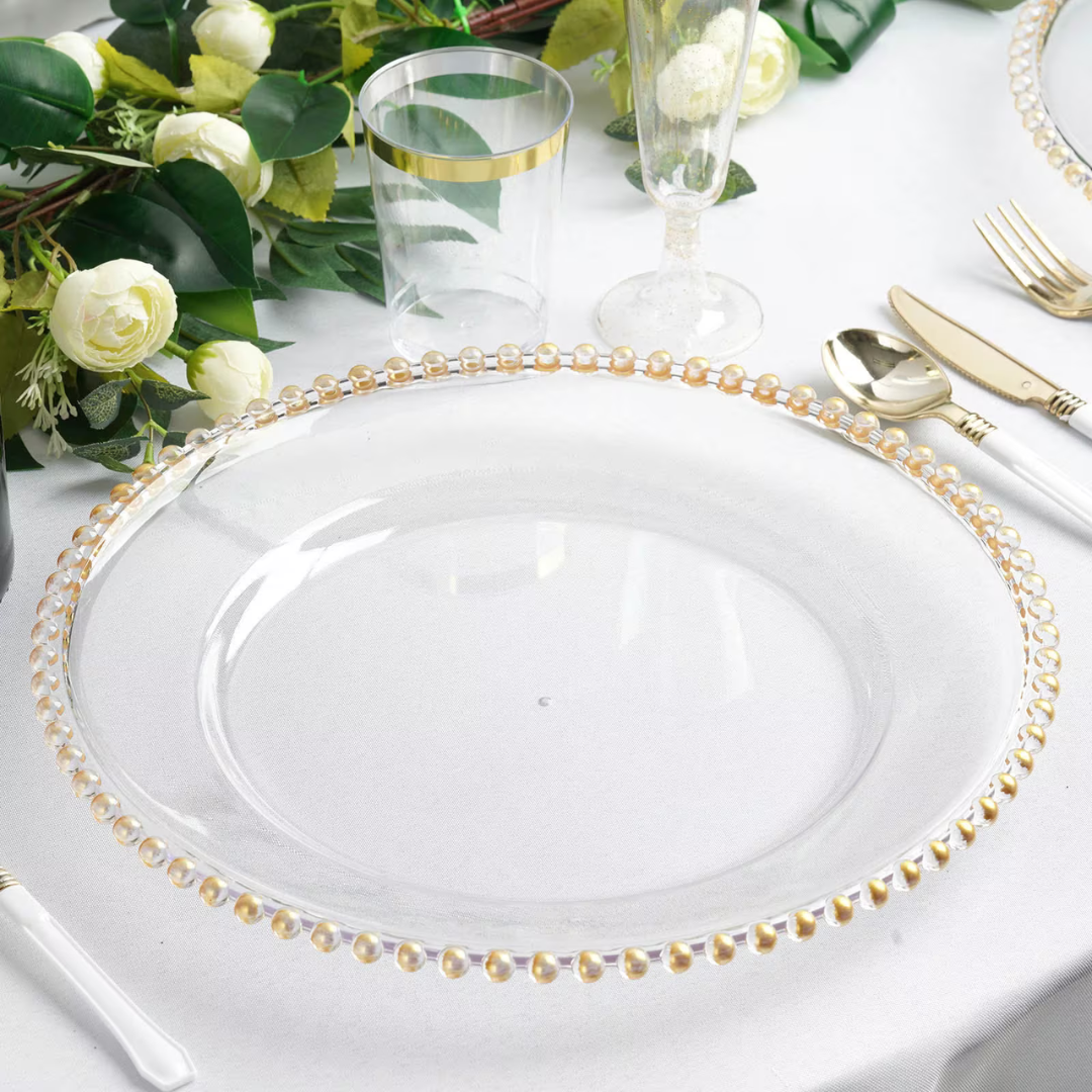 12″ Gold Clear Acrylic Round Charger Plates With Beaded Rim Dinner Charger Plates